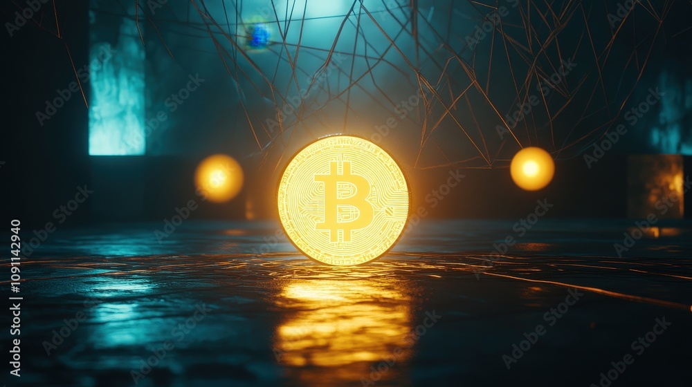 Poster a shining bitcoin coin in front of a glowing network of nodes, symbolizing the power of blockchain a