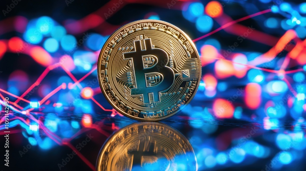 Poster a shining bitcoin coin in front of a glowing network of nodes, symbolizing the power of blockchain a