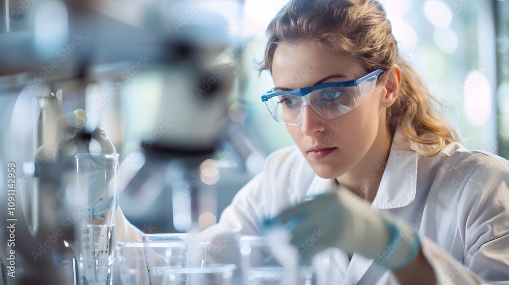 Poster focused female scientist conducting experiments in a laboratory, showcasing precise techniques and m