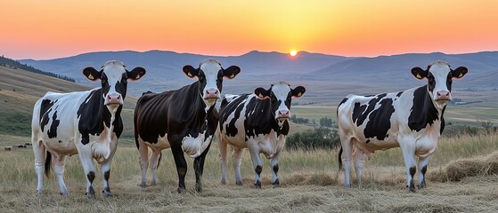 Four cows standing in a field with a sunset in the background. The cows are black and white and are standing close to each other
