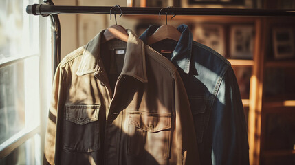 Rustic Brown Corduroy and Dark Denim Jackets Illuminated by Natural Sunlight in Minimalist Setting