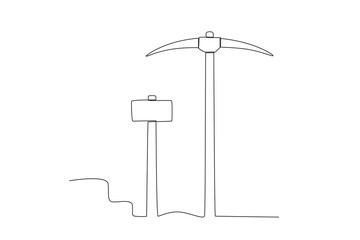  Single continuous line drawing of pickaxe and Hammer. Dynamic single line draw design graphic vector illustration.