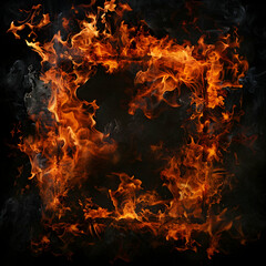 Obraz premium Fire, black background, flames in the middle of frame, smoke, fire effects, red and orange colors, flames with smoke, fire elements around the edges