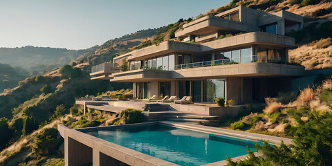 futuristic brutalist villa building in the hill, created by generative ai