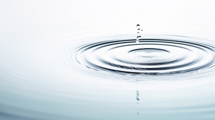 A single clear water drop creating concentric circular ripples on the surface of a still body of water isolated on white background