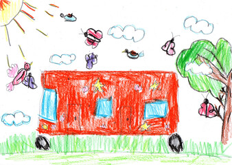 Child drawing of the buildings and cars. Pencil art in childish style