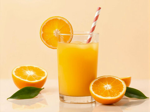 Orange juce in the drinking glass and oranges on a yellow background. Close-up.