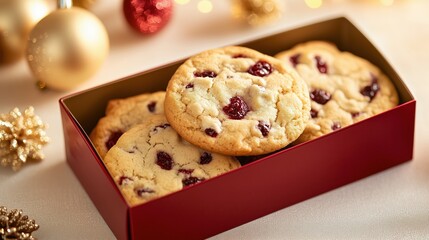 Festive cookies with cranberries are displayed in a red box, surrounded by holiday decorations, perfect for seasonal treats or gifts.