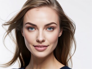 Naklejka premium blonde white woman with blue eyes flowy hair model portrait