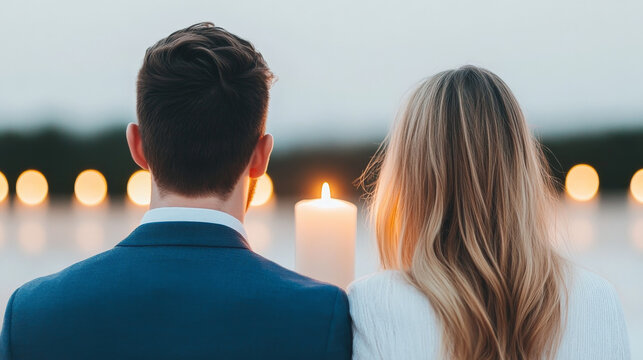 Couple Gazing at Candlelight: A silhouette of a loving couple, dressed for a special occasion, stand back-to-back, gazing at a row of burning candles, their faces illuminated by the warm glow.