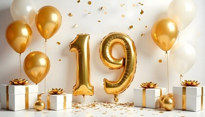 A white and gold 19th birthday anniversary celebration with balloons and confetti