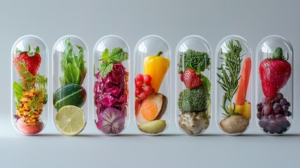 Colorful fruits and vegetables encapsulated in vitamin pills symbolize the fusion of nutrition and wellness.