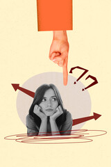 Vertical poster collage young dreamy thoughtful woman think decide direction finger pointer gesture...