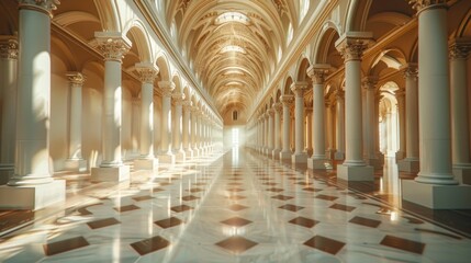 Obraz premium Grand architectural hallway with columns and marble flooring.