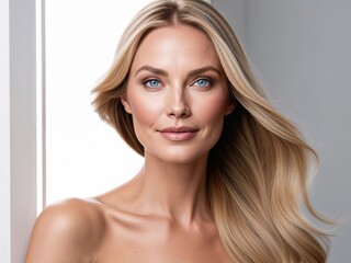 blonde white woman with blue eyes flowy hair model portrait