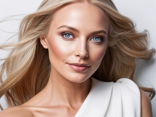 Naklejka premium blonde white woman with blue eyes flowy hair model portrait