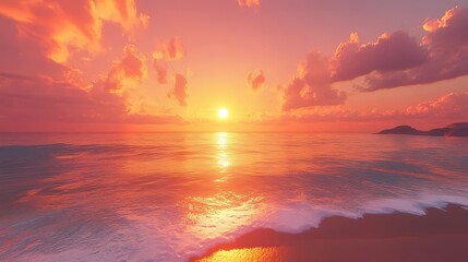 A stunning summer sunset over a tranquil beach, with the sun dipping below the horizon, casting warm orange and pink hues across the sky