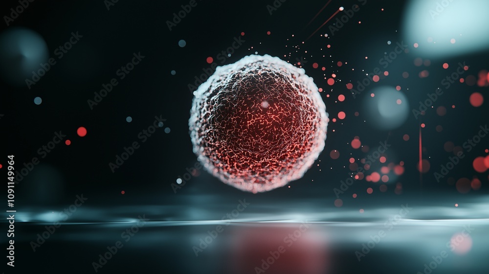 Poster detailed view of a cancer cell under a microscope with vibrant colors and particle effects capturing