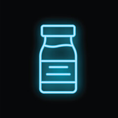 Fototapeta premium Bright blue neon sign depicting a medical glass bottle with a blank label glowing on a black background