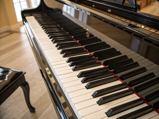 Aerial View of a Grand Piano Keyboard with Elegant Black and White Keys, Highlighting the Musical...