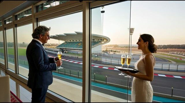Event Host Welcoming VIP Guests to Exclusive Suite with Champagne and Formula 1 Track View