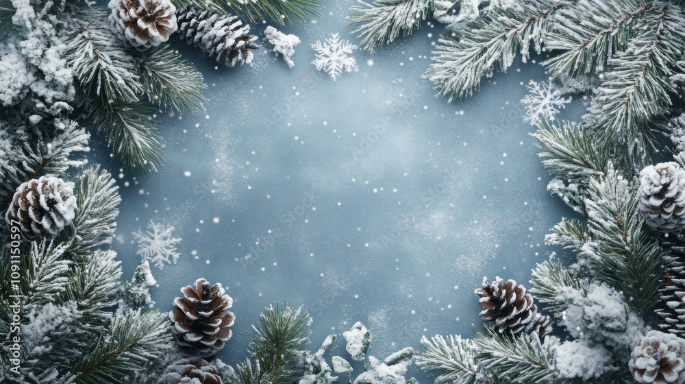 Poster a blue background with snowflakes and pine trees