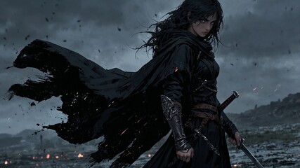 Obraz premium Wallpaper of a female swordsman wearing a cape and holding a sword. 4k wallpapers.