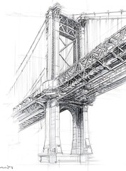 Fototapeta premium Pencil sketch of a suspension bridge, highlighting its intricate structure and engineering