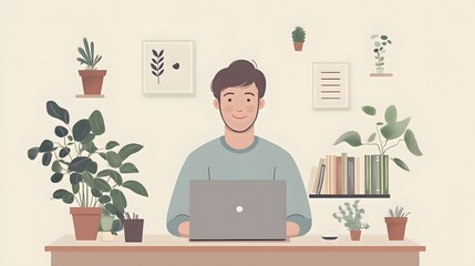 Fototapeta premium Vector illustration of man&nbsp;working on laptop wearing light blue shirt, surrounded by UI elements and plants, featuring minimalist design and professional&nbsp;character in pastel colors.