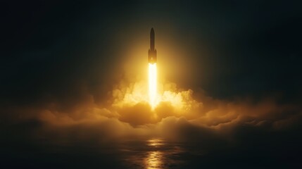 Naklejka premium Stylized 3D Rendering of a Rocket in Motion During Launch Amidst Dramatic Clouds and Illuminating Flames in a Dark Atmosphere