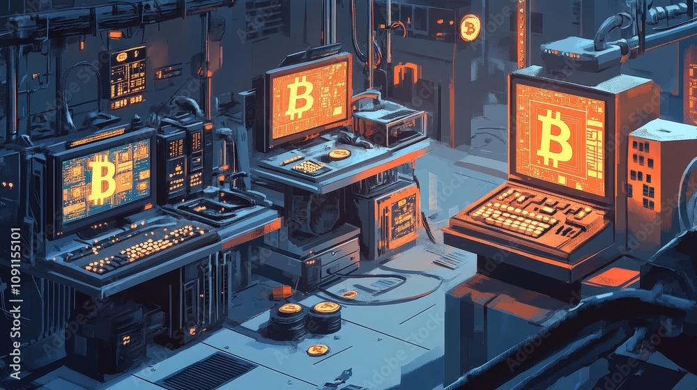 Fototapete A visual of Bitcoin mining with computers solving complex algorithms, with Bitcoin coins appearing as a reward, illustrating the process of mining