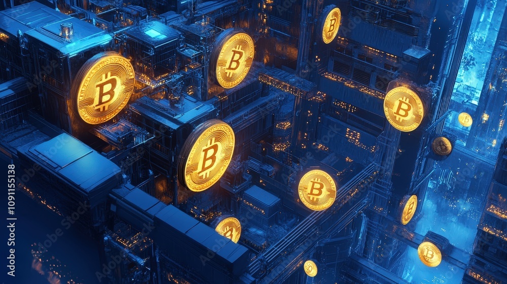 Poster a visual of bitcoin mining with computers solving complex algorithms, with bitcoin coins appearing a