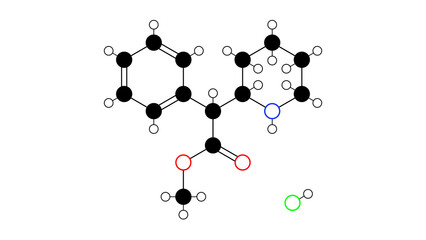 dexmethylphenidate hydrochloride molecule, structural chemical formula, ball-and-stick model, isolated image central nervous system stimulant