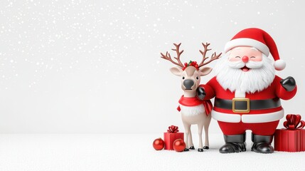 Obraz premium Festive Santa with reindeer and gifts in snowy backdrop