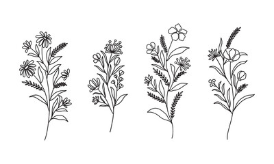 Set of plants vector. Hand drawn flower. Wildflower line art bouquets set, wild plant, botanical vector illustration