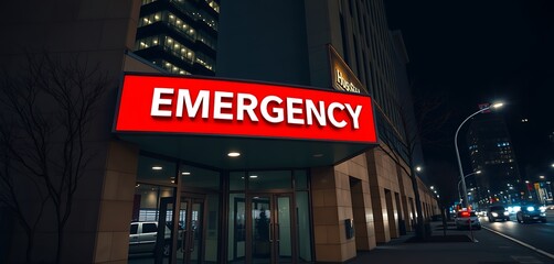 Neon lit emergency entrance at night symbolizing urgent medical care
