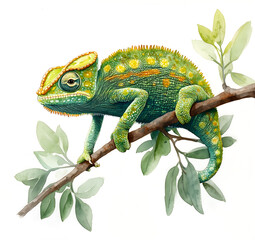 Naklejka premium Isolated chameleon perched on a branch, with a detailed full-body illustration against a white background.