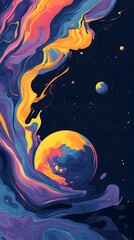 Abstract wallpaper for a mobile phone, featuring vibrant blue and purple hues with yellow brush strokes in the style of Planet Saturn