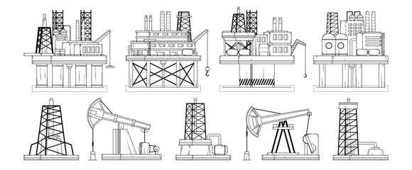 Land, offshore platform, oil rigs, pump station for fossil fuel deposits exploration black-and-white © Pavlo Syvak