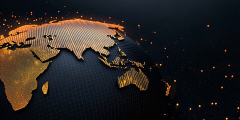 2025 business analytics concept. A digital representation of Asia with illuminated outlines, showcasing a high-tech visualization of the continent against a dark background.