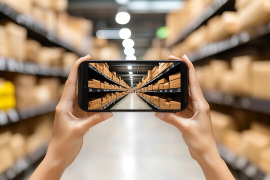 2025 business analytics concept. A person holding a smartphone captures a wide view of a warehouse filled with stacked boxes, highlighting inventory management and logistics.