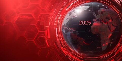 2025 business analytics concept. A futuristic globe design with a red theme, featuring a digital map and the year 2025 prominently displayed.