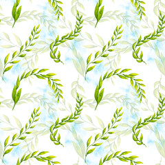 Seamless pattern on a marine theme, interweaving green algae. Watercolor illustration hand drawn in a children's style. Drawing for fabric, paper, packaging, postcards © DemiLenka