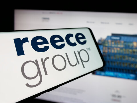 Stuttgart, Germany - 10-30-2024: Smartphone with logo of plumbing and bathroom company Reece Limited on screen in front of business website. Focus on left of phone display.