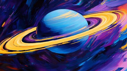 Abstract wallpaper for a mobile phone, featuring vibrant blue and purple hues with yellow brush strokes in the style of Planet Saturn