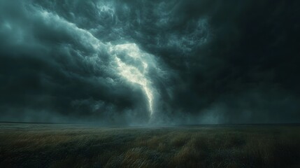 Obraz premium Dramatic&nbsp;supercell tornado in prairie landscape with threatening&nbsp;storm clouds, showing powerful weather phenomenon against&nbsp;dark sky with moody lighting and cinematic composition.