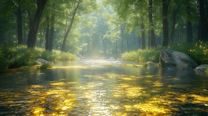 Obraz premium Golden River Flows Through Lush Forest