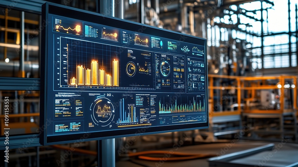 Poster futuristic digital interface displaying real-time data analysis on large screen in industrial enviro