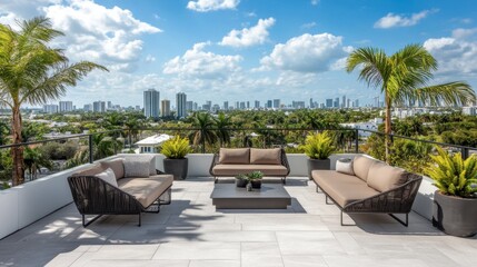 Obraz premium Modern Rooftop Terrace with Outdoor Seating, Lush Greenery, and Stunning City Views under Clear Blue Sky in Urban Environment