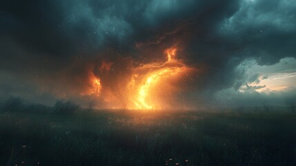 Obraz premium Dramatic&nbsp;supercell tornado in prairie landscape with threatening&nbsp;storm clouds, showing powerful weather phenomenon against&nbsp;dark sky with moody lighting and cinematic composition.